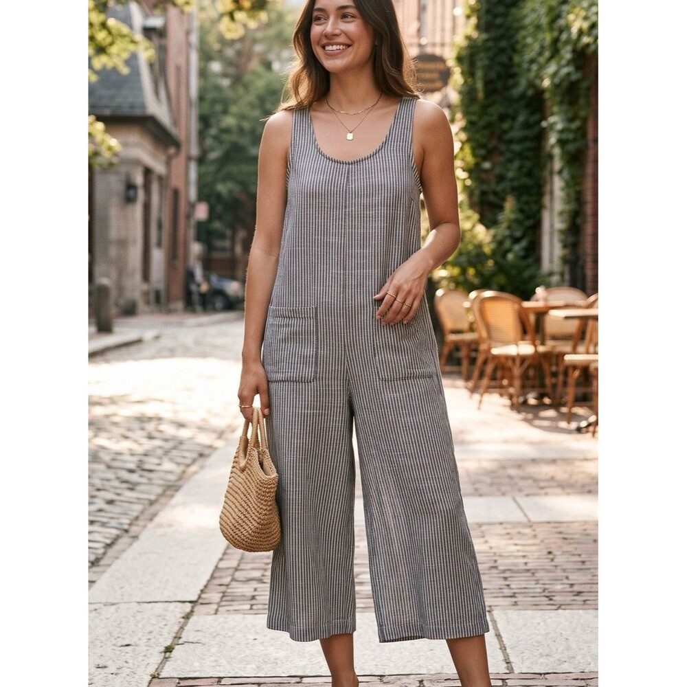MAX STUDIO London Striped Linen Blend Wide Leg Jumpsuit Overalls Pockets Small